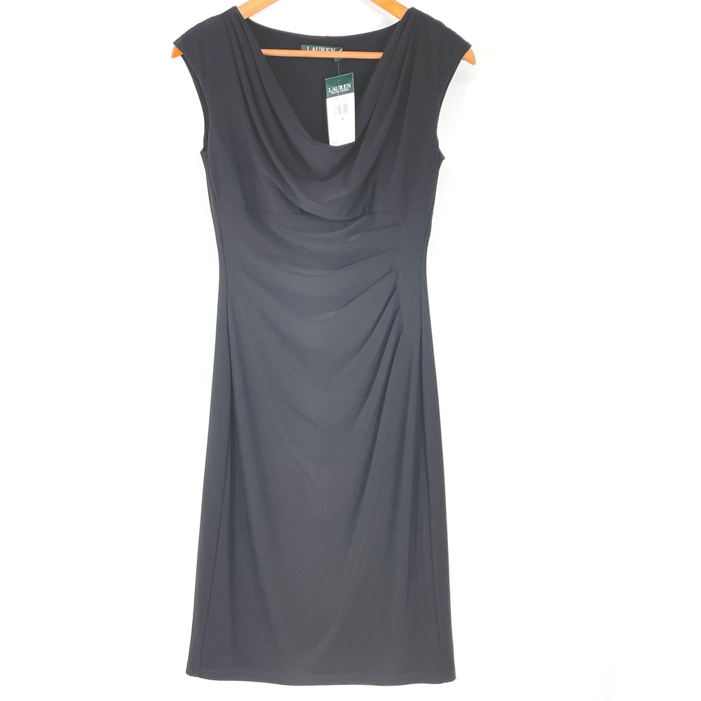 NWT Lauren‎ Ralph Lauren Women Dress 4 Sheath Black Cowl Neck Ruched Sleeveless